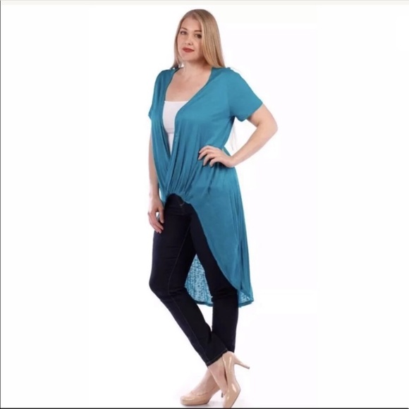 Yummy Plus Sweaters - Cascading Long Twist Front Cardigan Duster Top 1X